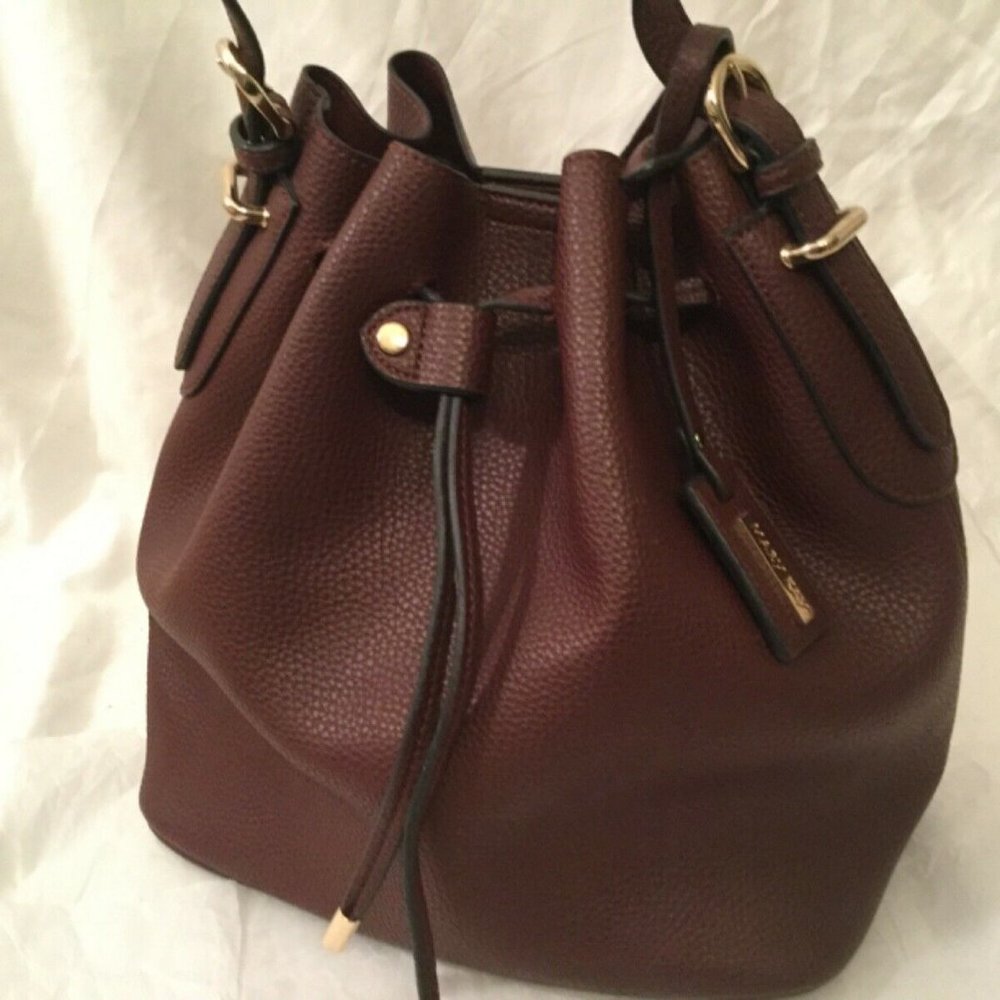 Wine/Burgundy Drawstring Pebbled Leather Bucket Handbag